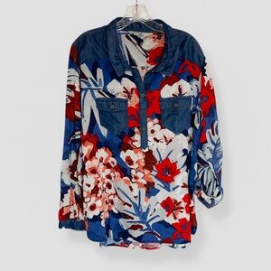 John Mark Size Large Denim Floral Print Red White & Blue Buttons Casual Coastal